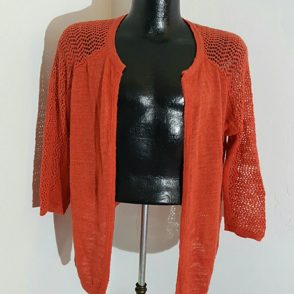 Lucky brand women orange cardigan open front knit crochet linen blend size L